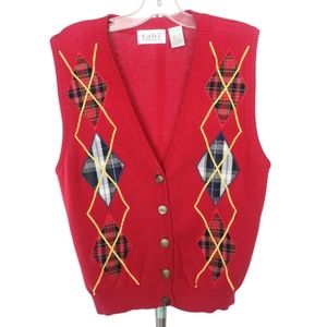 Tabi Vintage 100% Cotton Red Yellow Argyle Tartan Size 9 10 Knit Sweater vest